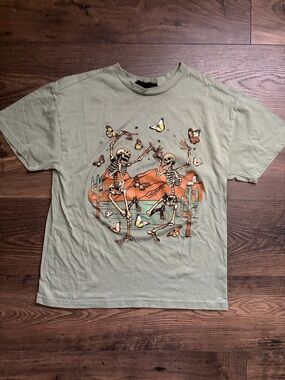 Sage Green Short-Sleeve Tee with Desert Skeleton Graphic
